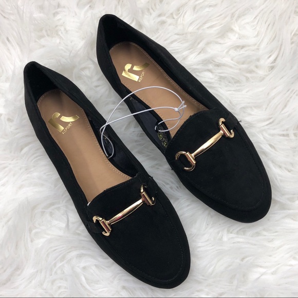 black suede loafers with gold buckle